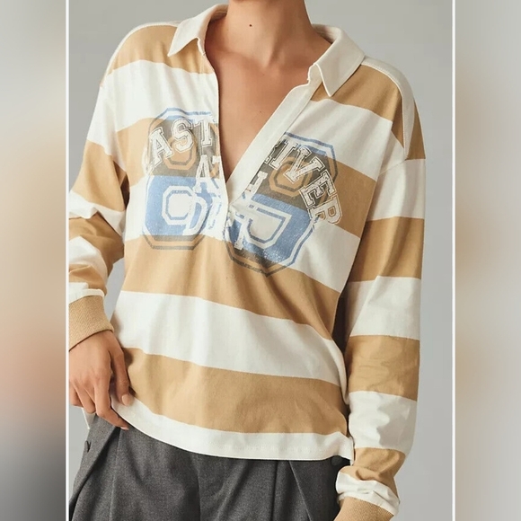 Pilcro Rugby Oversized Tan Stripe Long Sleeve Shirt. - Picture 1 of 14
